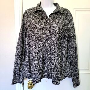 GAP Black White Floral Button Down Long Sleeve Peplum Blouse Size L